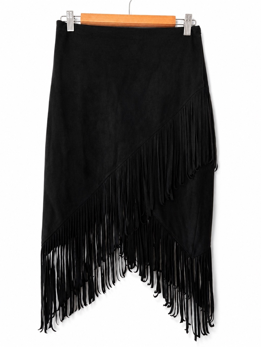 Express Black Fringe Faux-Suede Asymmetric Skirt Sz. 6